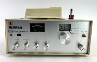 DF receiver with rotatable loop on top. tuning knob for beacons, broadcast and marine bands,  5 other knobs and S meter